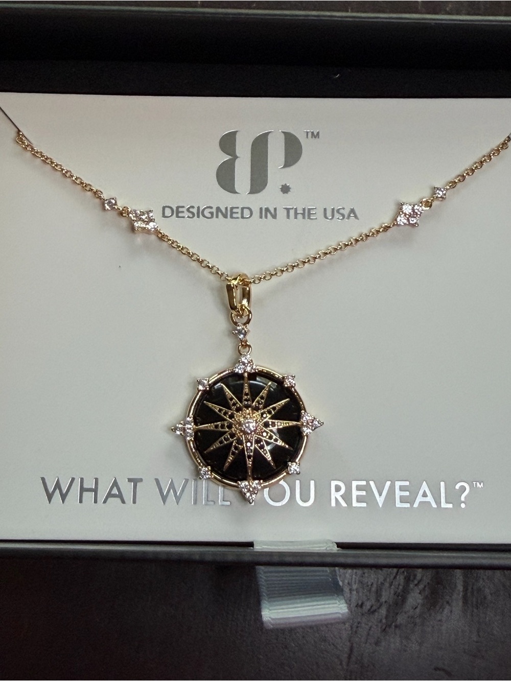 bp Gold-Tone Necklace with Black Compass Star Pendant